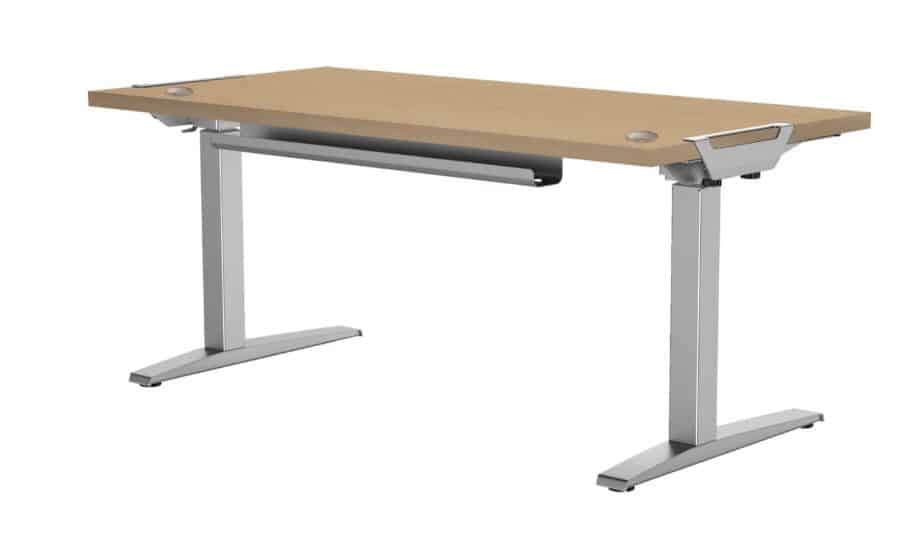 Photo d'un bureau réglable électrique bois clair avec structure argent en acier laqué époxy