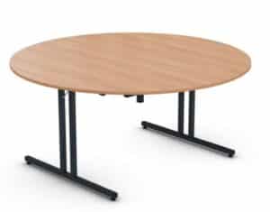 Photo d'une table ronde pliante bois à pieds blancs dépliée
