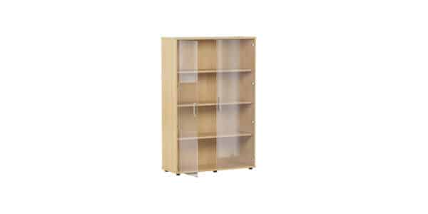 Photo d'une armoire de rangement bois 3 étagères avec portes vitrées