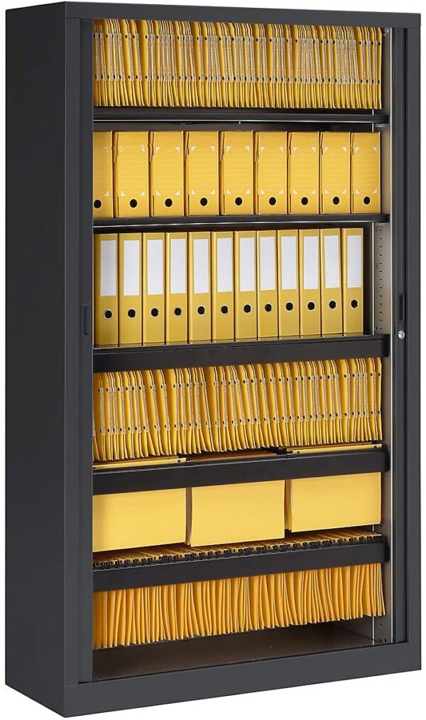 Photo d'une armoire de bureau à rideaux coulissants pleine de dossiers suspendus et de boîtes d'archivage