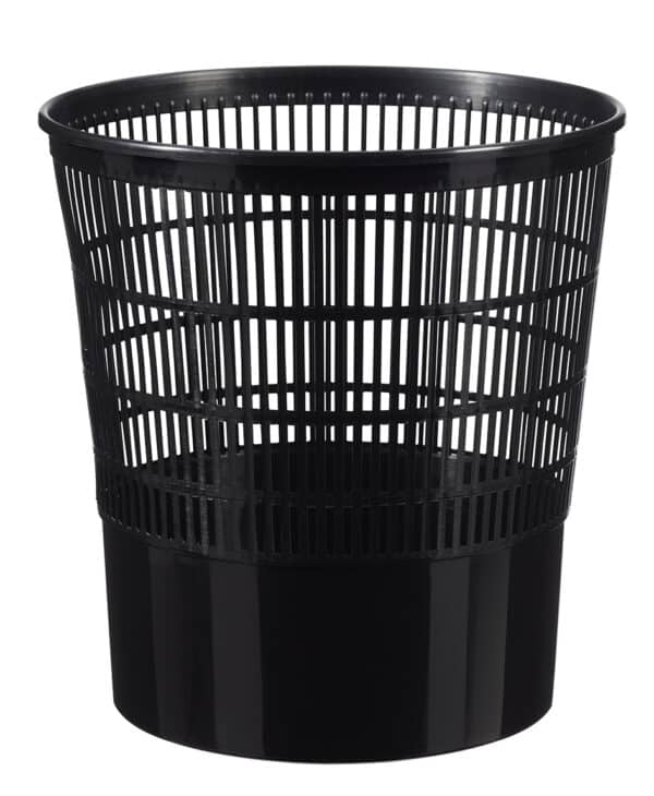 Photo d'une corbeille ajourée noire 16L en polypropylène recyclé et recyclable