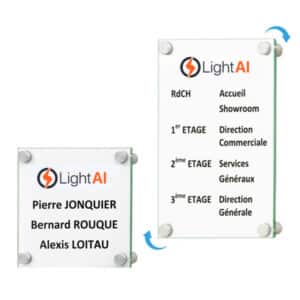 Phot d'une plaque signalétique plexiglass indiquant des noms et lieux