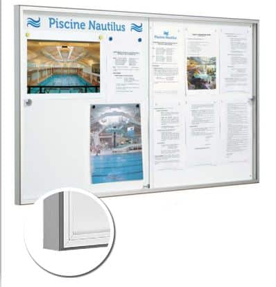 Photo d'une vitrine intérieure coulissante et d'un gros plan du cadre en aluminium anodisé argent avec chanfrein de sécurité