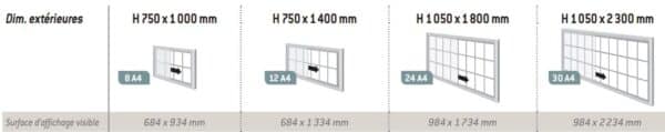 Illustration de 4 différentes tailles de vitrine intérieure robuste