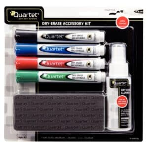 Photo d'un Kit nettoyage tableau blanc avec 4 marqueurs (bleu, noir, rouge, vert)