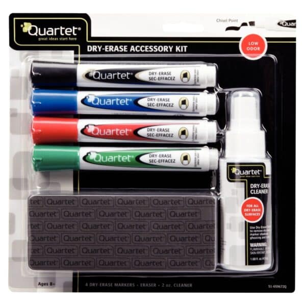 Photo d'un Kit nettoyage tableau blanc avec 4 marqueurs (bleu, noir, rouge, vert)