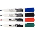 Photo de 4 marqueurs effaçables pour tableau blanc (bleu, rouge, vert, noir) pointe biseau