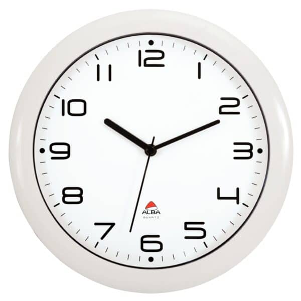 Photo d'une horloge silencieuse Ø300 ou 380 mm à bord blanc indiquant 10h11