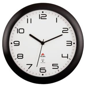 Photo d'une horloge radio-contrôlée Ø300 mm à fond blanc et bord noir indiquant 10h11