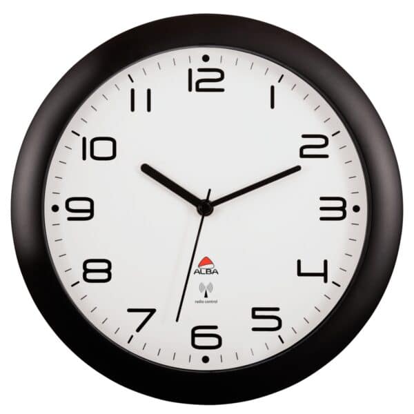 Photo d'une horloge radio-contrôlée Ø300 mm à fond blanc et bord noir indiquant 10h11