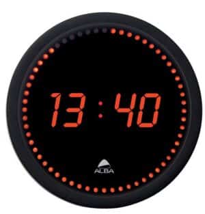 Photo d'une horloge led murale Ø300 mm couleur rouge indiquant 13h40