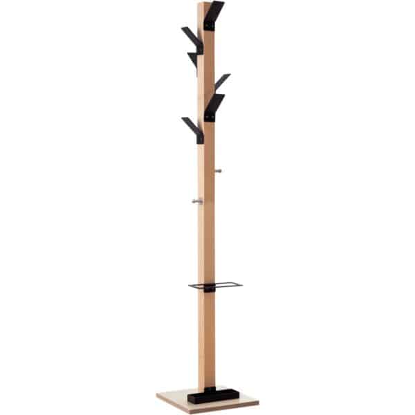 Photo d'un portemanteau design en bois massif vernis 6 patères noirs en acier chromé et 2 petites patères (support sac)