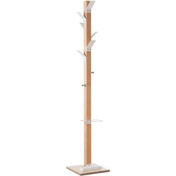 Photo d'un portemanteau design en bois massif vernis 6 patères blancs en acier chromé et 2 petites patères (support sac)