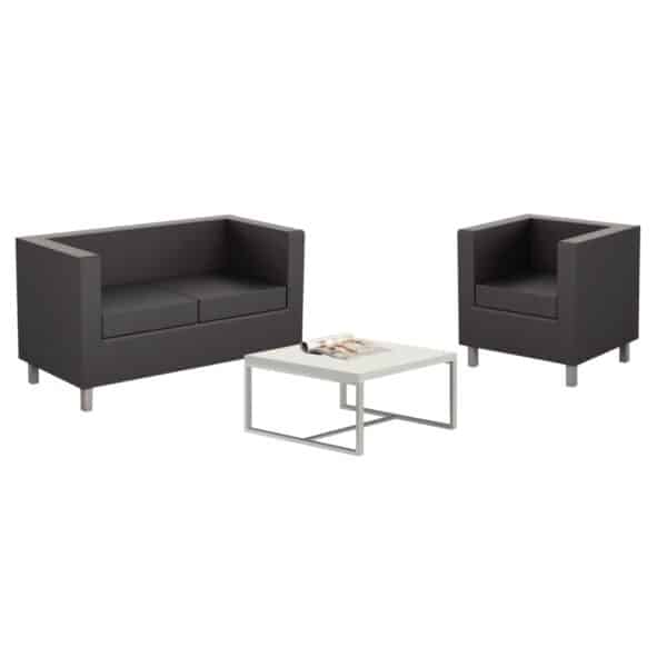 Illustration d'une table basse softline blanche avec des chauffeuse noires 1 et 2 places autour