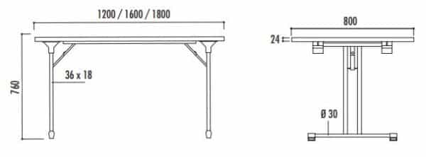 Plan des mesures d'une table de réfectoire pliante et empilable mkla