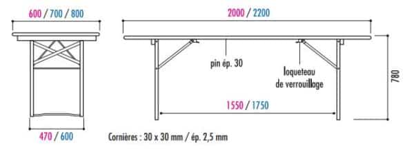 Plan des mesures d'une table pliante Lauren