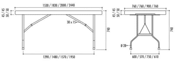 Plan des mesures d'une table pliante Wolf