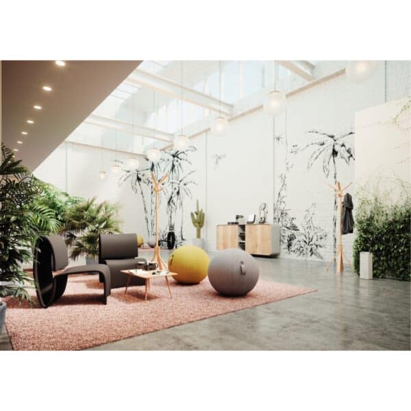 Photo d'un espace de détente avec un ballon d'assise ergonomique jaune et un gris