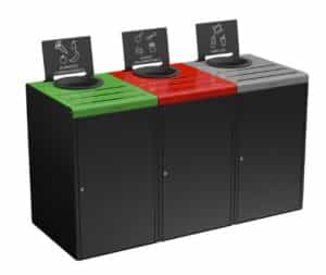 Illustration de trois poubelles alimentaires de tri sélectif pour restauration collective couvercles vert, rouge et rgris