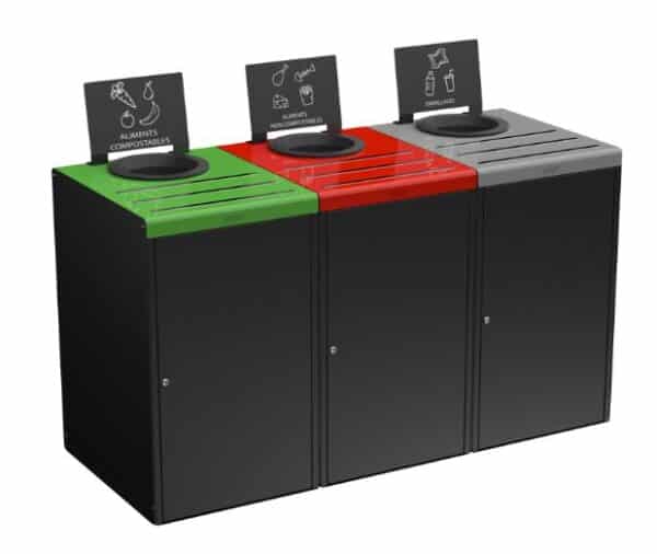 Illustration de trois poubelles alimentaires de tri sélectif pour restauration collective couvercles vert, rouge et rgris