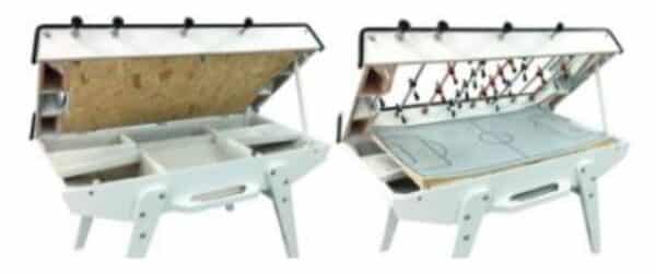 Illustration d'un baby-foot superpro blanc ouvert pour montrer l'intérieur