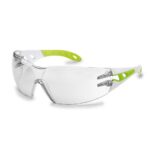 Photo d'une paire de lunettes de protection uvex pheos s pour visage fin branches vertes et blanches