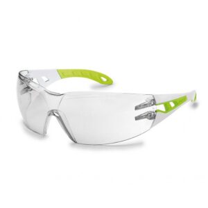 Photo d'une paire de lunettes de protection uvex pheos s pour visage fin branches vertes et blanches