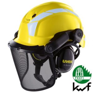 Photo d'un casque de protection spécial forêt jaune vue 3/4 face