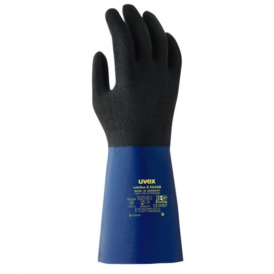 Photo d'un gant de protection chimique rubiflex s xg manchette 35cm noir et bleu