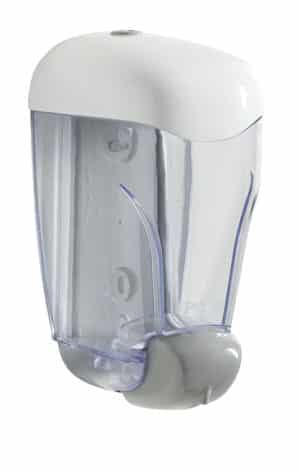 Photo d'un distributeur de savon oléane transparent vue de biais