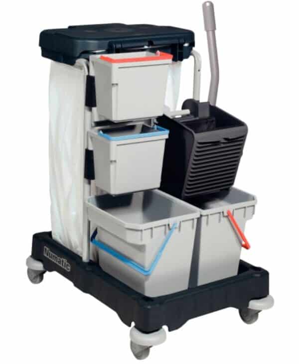Photo d'un chariot de ménage compact seaux de 5L pivotants collecteur 120L