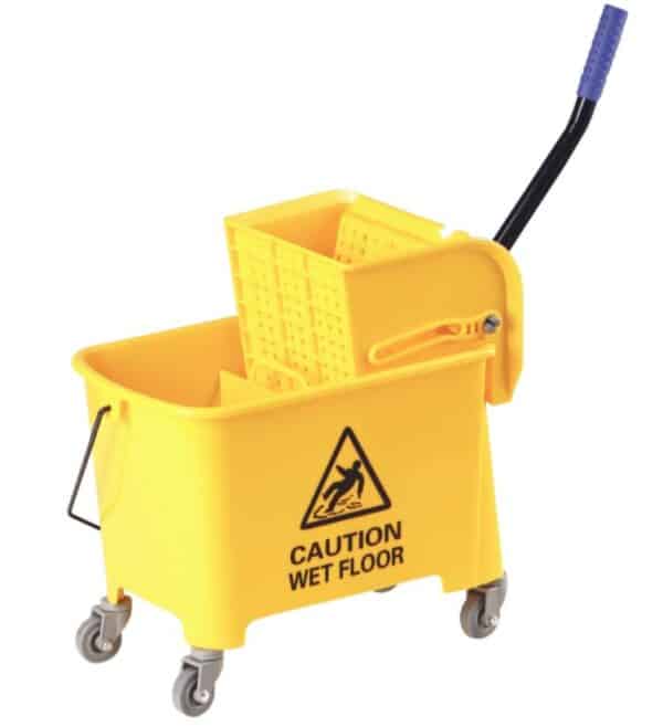 Photo d'un chariot de lavage double seau 20L jaune 4 roues multidirectionnelles