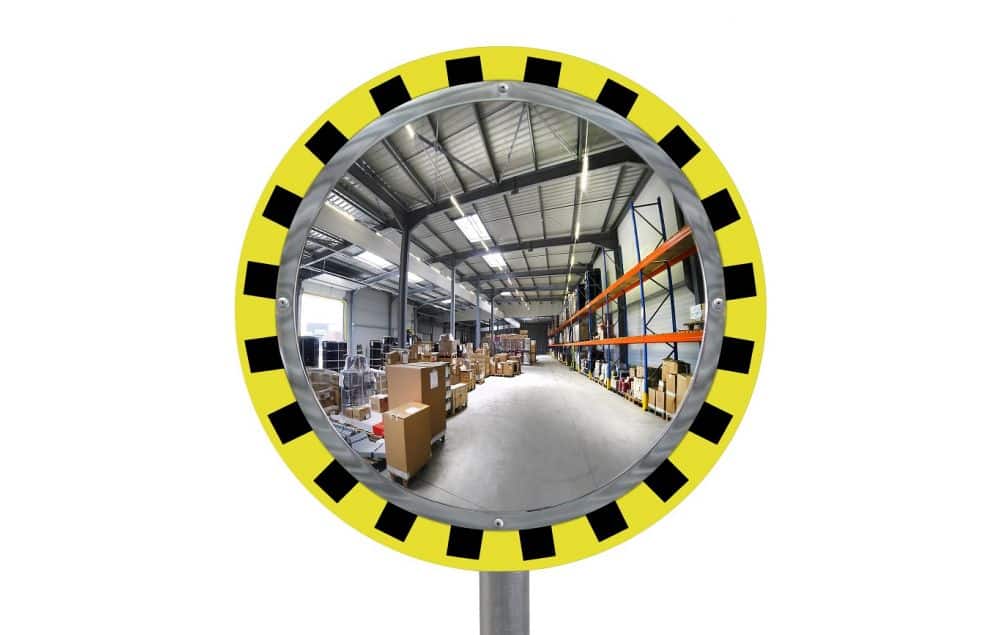 Miroir de contrôle rond industriel à bords jaunes et noirs