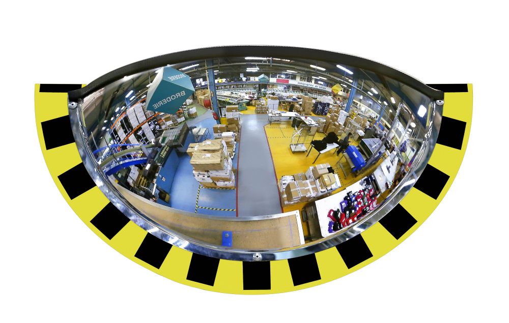 Miroir de contrôle 1/2 rond industriel à bords jaunes et noirs