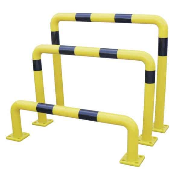 Illustration de 3 arceaux flexibles à mémoire de forme jaunes à bandes noires 1200x350mm, 1200x750mm et 1200x1000mm
