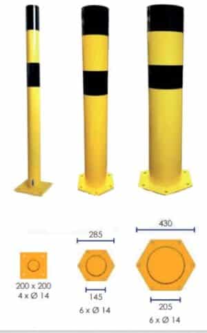 Illustration de 3 poteaux de protection jaunes et noirs en acier de tailles et formes différentes