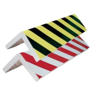Illustration de protections d'angle en mousse à bandes rouges/blanches et jaunes/noires