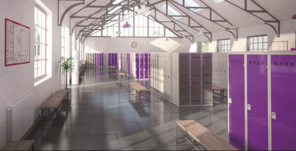 Photo d'une salle remplie de vestiaires violets et gris de différentes tailles