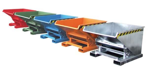 Photo des différentes couleurs de bennes basculantes type expo disponibles (rouge, vert, bleu, orange et acier galvanisé)