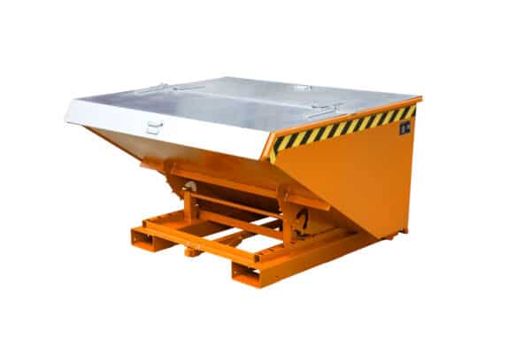 Photo d'une benne basculante automatique orange avec couvercle en acier galvanisé