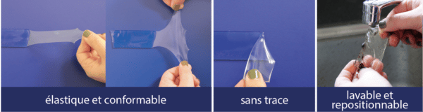 Photos démonstratives des particularités du grip'tout double face (élastique et conformable, sans trace, lavable et repositionnable)