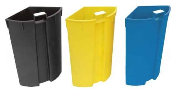 Photo des 3 compartiments amovibles (noir, jaune et bleu) d'une corbeille de tri compacte - probbax