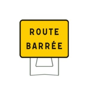 Illustration d'un panneau temporaire jaune "ROUTE BARÉE" KC1