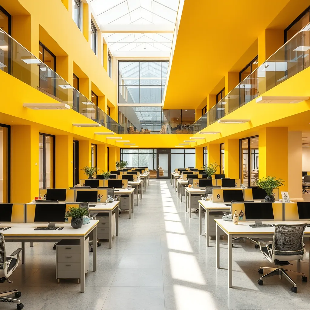 Photo d'un open space avec des murs jaunes